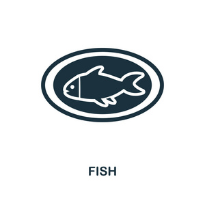 鱼的图标。单色风格的图标设计从膳食图标集合。Ui。鱼图标的插图。在白色查出的象形文字。可在网页设计应用程序软件打印中使用