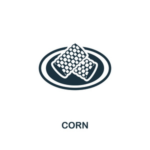玉米图标。单色风格的图标设计从膳食图标集合。Ui。玉米图标的插图。在白色查出的象形文字。可在网页设计应用程序软件打印中使用