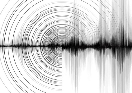 白纸背景音频波图上带有圆圈振动的超震波,以及不同层次的教育和科学