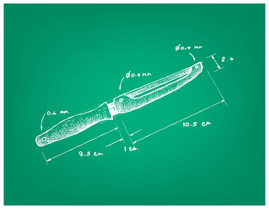 图示手绘果蔬刀削皮机草图尺寸。 一种厨房工具，用来去除某些蔬菜的外皮或果皮
