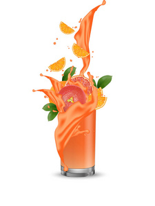 葡萄柚飞溅插图。把果汁溅到玻璃里。鸡尾酒落在背景上的粉红色薄片上。橙色。广告横幅。产品设计。矢量EPS10。