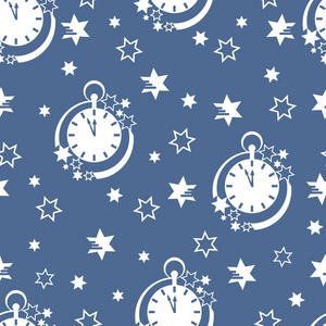 与时钟和星星无缝图案。圣诞节和2019年新年背景。设计用于包装纸织物等印刷。