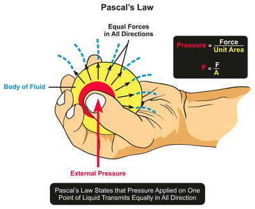 Pascals定律信息图表显示了一个用手握住的液体体和拇指施加的外部压力的例子，力通过区域表面的各个方向均匀地传递