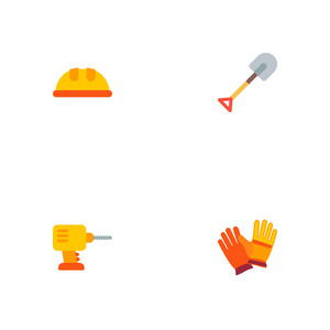 一套行业图标平面式符号与电钻, 工人手套, 铲和其他图标为您的 web 移动应用程序徽标设计