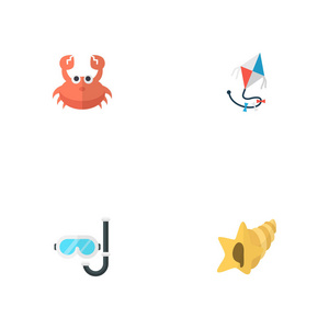 一套海滩图标平面式符号与蟹, 风筝, 水槽和其他图标为您的 web 移动应用程序徽标设计