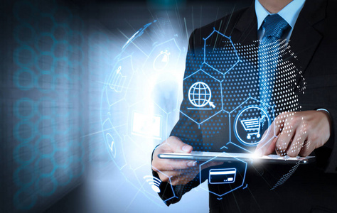 电子商务概念与虚拟现实数字界面与购物车图标,送货卡车和信用卡与