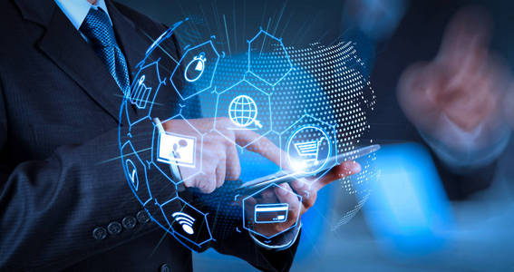 电子商务概念与虚拟现实数字界面与购物车图标,送货卡车和信用卡与