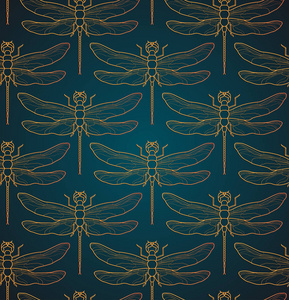 蜻蜓图案无缝矢量图。昆虫图案背景金。复古浪漫瓷砖豪华金色蜻蜓简约深色典雅背景。黑金图案