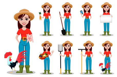 女农民卡通人物。 欢快的园丁女人牧场主设置了九个姿势。 白色背景矢量插图