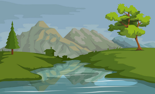 自然作为背景. 公园元素的景观. 手绘卡通性质. 蓝天和花田.