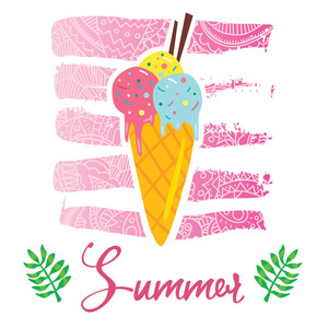 矢量卡通风格传单t恤印花卡设计与时尚夏季美味冰淇淋优雅粉红色花边梯度笔画