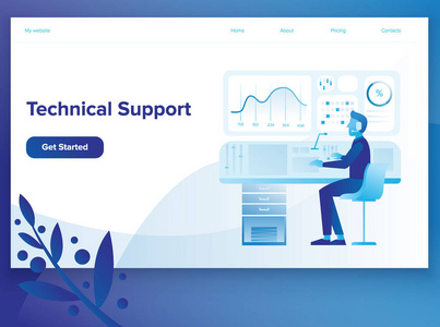 现代平面矢量插图概念的技术办公室支持工作和数据分析与图表和分析。 业务和工作流技术管理。 创意落地页设计模板