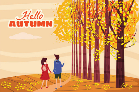 你好秋天, 秋天胡同, 夫妇的人和女孩字符沿路径在公园, 秋天, 秋天叶子, 心情, 颜色, 媒介, 例证, 卡通样式, 隔绝