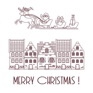 圣诞卡。 矢量插图圣诞老人与礼物在雪橇与驯鹿和房子。 明信片横幅打印设计。