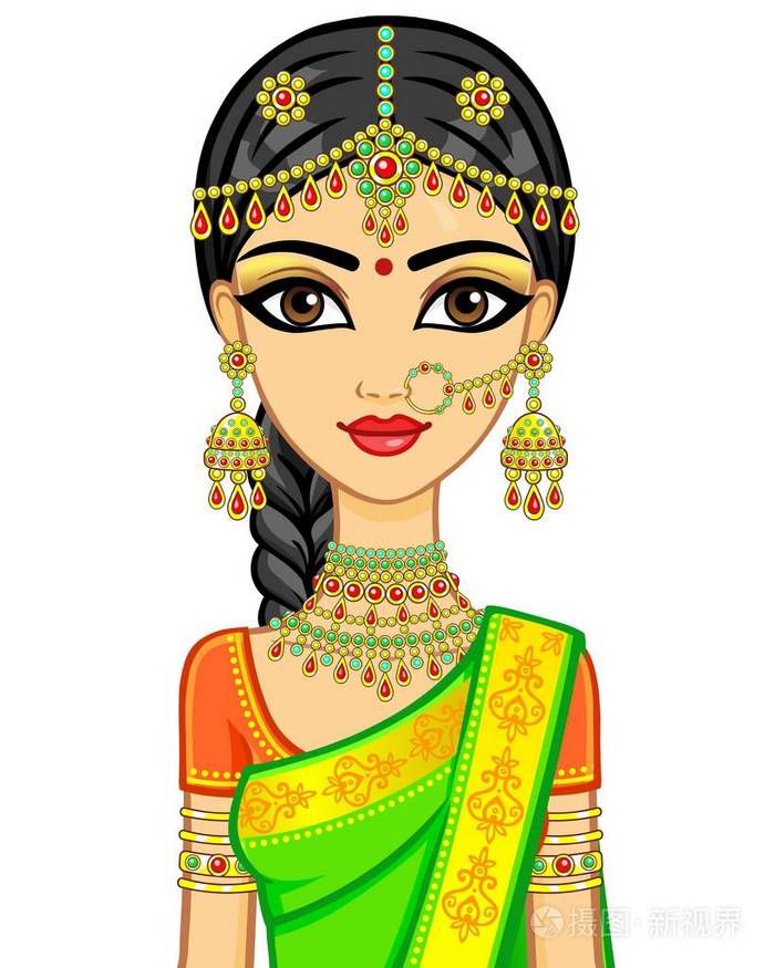 亚洲美人. 穿传统衣服的年轻印度女孩的动画肖像. 童话公主.