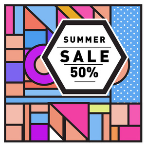 夏季销售孟菲斯风格的网络横幅。 时尚和旅游折扣海报。 矢量假日抽象彩色插图与特殊优惠和推广。