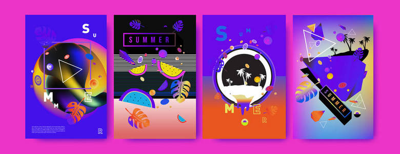 五颜六色的夏季海报套装。 热带夏季设计模板和封面。 夏季插图元素和背景