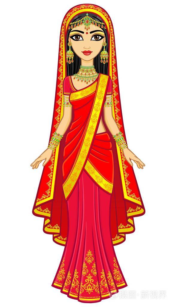 穿传统衣服的年轻印度女孩的动画肖像. 童话公主. 全面增长.