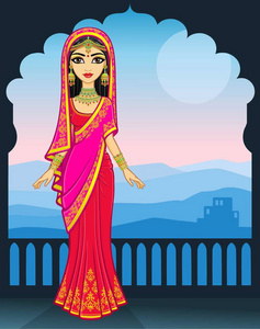 亚洲美人。 穿传统衣服的年轻印度女孩的动画肖像。 童话公主。 背景宫殿一夜山景。 文本的位置。 矢量图。