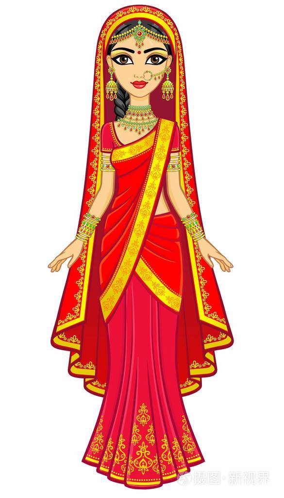 亚洲美人穿传统衣服的年轻印度女孩的动画肖像童话公主全面增长在白色
