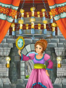 卡通场景与小公主在城堡房间插图儿童