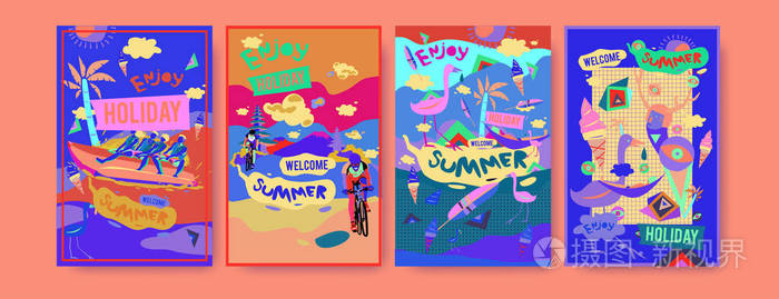 海报封面和广告的夏季插图集。 复古和复古夏季设计插图。 暑假背景模板