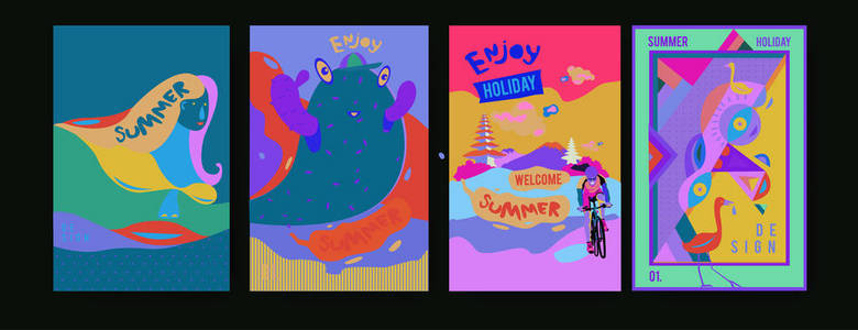 海报封面和广告的夏季插图集。 复古和复古夏季设计插图。 暑假背景模板
