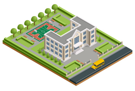 等距公共学校大厦。外部学校大厦与体育体育场学校公共汽车和公园。矢量插图图标或图表元素