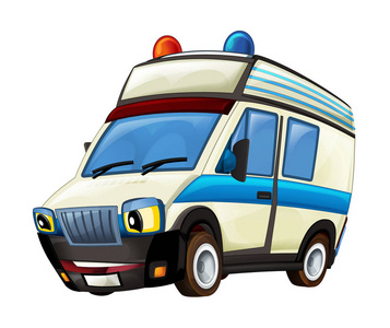 儿童白色背景插图中带有快乐救护车的卡通场景
