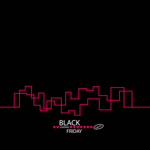 黑色星期五在城市的完美销售。白色丝带横幅在平的样式在黑色背景与一个抽象城市天际与装载 heartsbar。矢量插图
