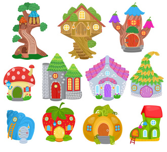 梦幻之家矢量卡通童话树房子和魔术屋村插图组儿童童话南瓜或草莓剧场为 gnome 孤立的白色背景