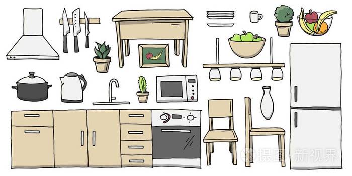 插画 手绘卡通彩色厨房家具套装.