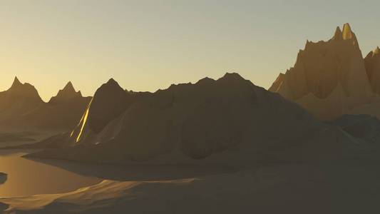 三维沙漠模拟。 沙子。 日落
