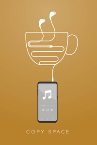 智能手机黑色和耳机耳型平面设计，咖啡杯形状由电缆插图隔离在棕色渐变背景，与复制空间