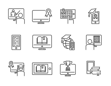 在线培训矢量插图图标集合集。远程互联网学习概念与计算机, 平板电脑或电话。知识发展与毕业文凭