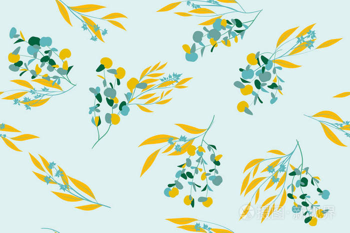 粉彩色彩设计中的花卉无缝图案.桉树叶和美丽的开花元素.