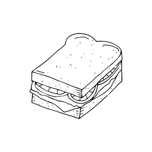 汉堡，芝士汉堡。面包配切片，奶酪，生菜，番茄..黑白手绘矢量插图隔离在白色背景上。美国街快餐面或卡通风格。