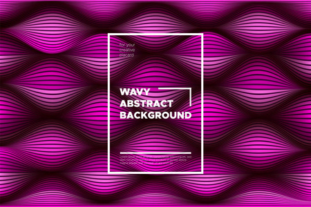 粉红色的波浪海报。抽象的几何背景与明亮的波浪线在未来风格。时髦的体积覆盖与扭曲的条纹。3d 光学错觉。波浪海报为网页设计。Eps