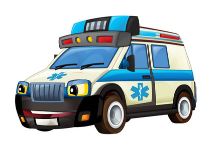 儿童白色背景插图中带有快乐救护车的卡通场景