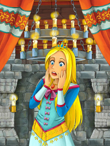 中世纪城堡客房儿童插图中带有公主的卡通场景
