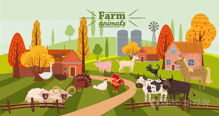 农场的动物和鸟类设置时髦可爱的风格, 包括马, 牛, 驴, 绵羊, 山羊