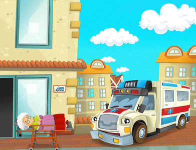 儿童用救护车和病人插图的卡通场景