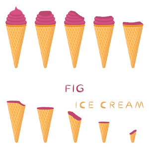 华夫饼锥上天然无花果冰淇淋的矢量图。 冰淇淋图案由甜的冷冰淇淋美味的冷冻甜点组成。 无花果的新鲜水果冰淇淋在晶片锥中。