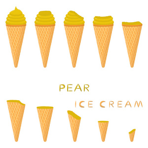 华夫饼锥上天然梨冰淇淋的矢量插图。 冰淇淋图案由甜的冷冰淇淋美味的冷冻甜点组成。 圆锥梨的新鲜水果冰淇淋。