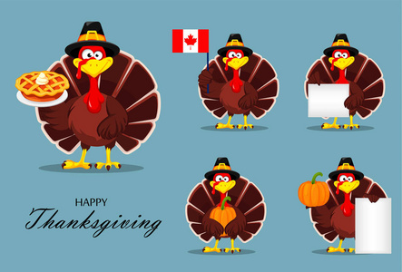 节日快乐的感恩节贺卡海报或传单。 感恩节火鸡的五种姿势。 蓝色背景矢量插图