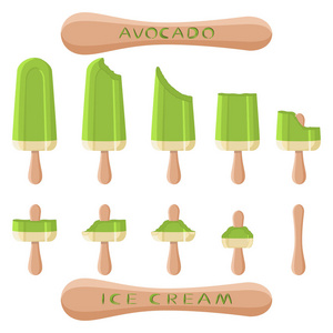 矢量插图标志天然鳄梨冰淇淋在棍子上。 冰淇淋图案由甜的冷冰淇淋组成，设置美味的冷冻甜点。 牛油果的新鲜水果冰淇淋。