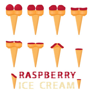 华夫饼锥上天然覆盆子冰淇淋的矢量插图。 冰淇淋图案由甜的冷冰淇淋美味的冷冻甜点组成。 晶片锥中覆盆子的新鲜水果冰淇淋。