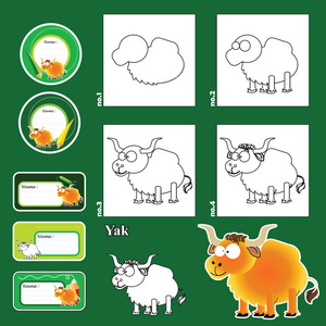一步的绘图教程。 儿童视觉游戏。有趣的动物和标签和标签。如何画一个雅克教学如何画一个有趣的牦牛在简单的台阶，有趣的动物矢量图形设
