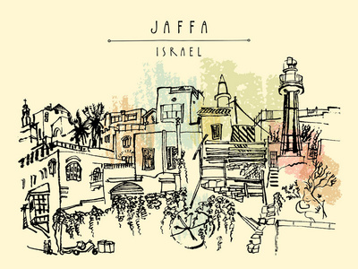 贾法雅佛特拉维夫以色列的艺术插图。 灯塔房屋和树木。 肮脏的黑色墨水刷画。 明信片或海报模板矢量