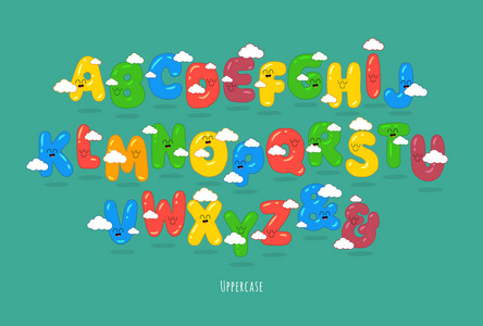 字符字母向量集。 五颜六色可爱有趣的字体。 微笑的卡通儿童刻字。 带有云和阴影的不同颜色的小写字母